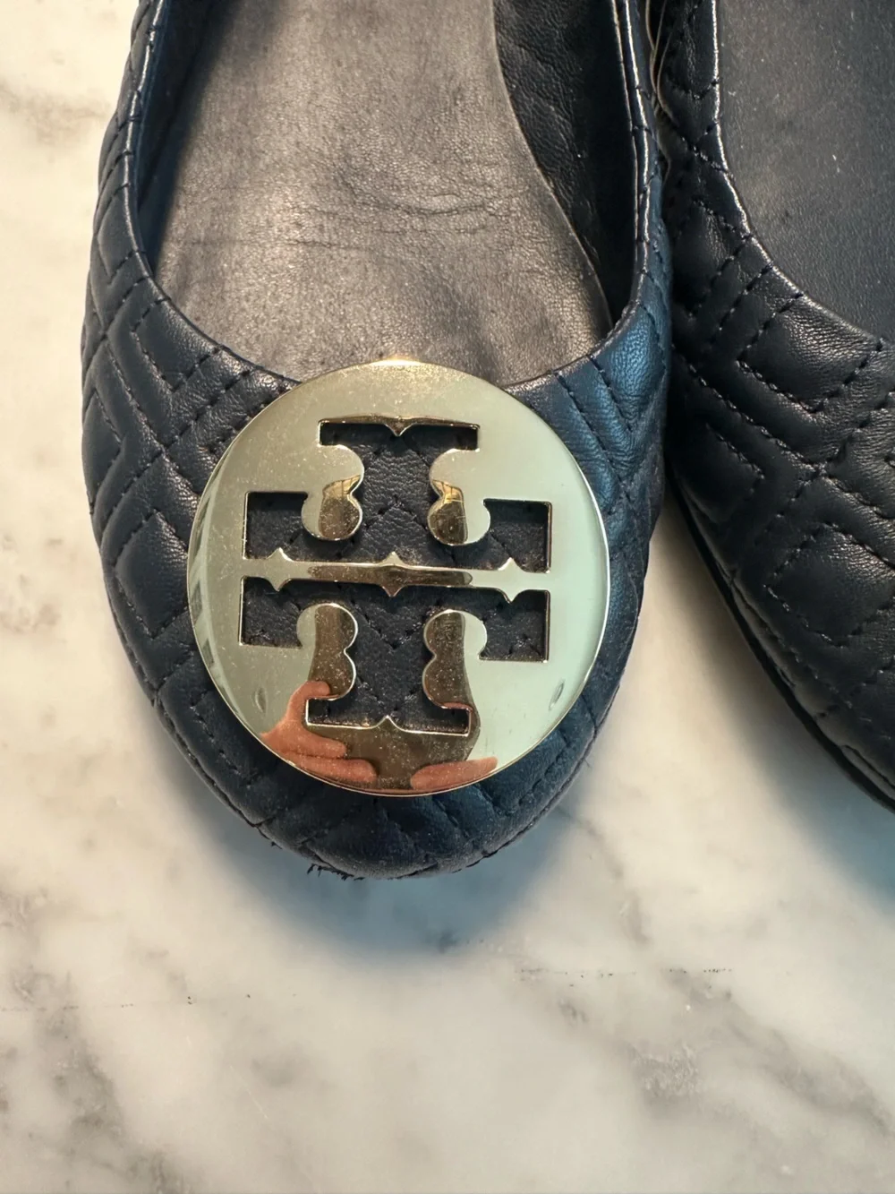 Tory Burch Quilted Navy Leather Logo Medallion Ballet Flats
